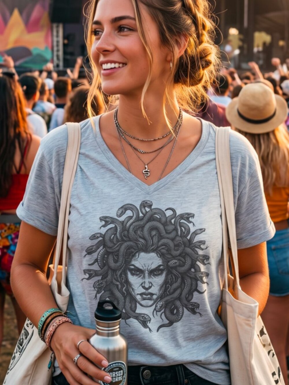 Bella Canvas Light Gray Relaxed V-Neck Tee with Medusa Graphic